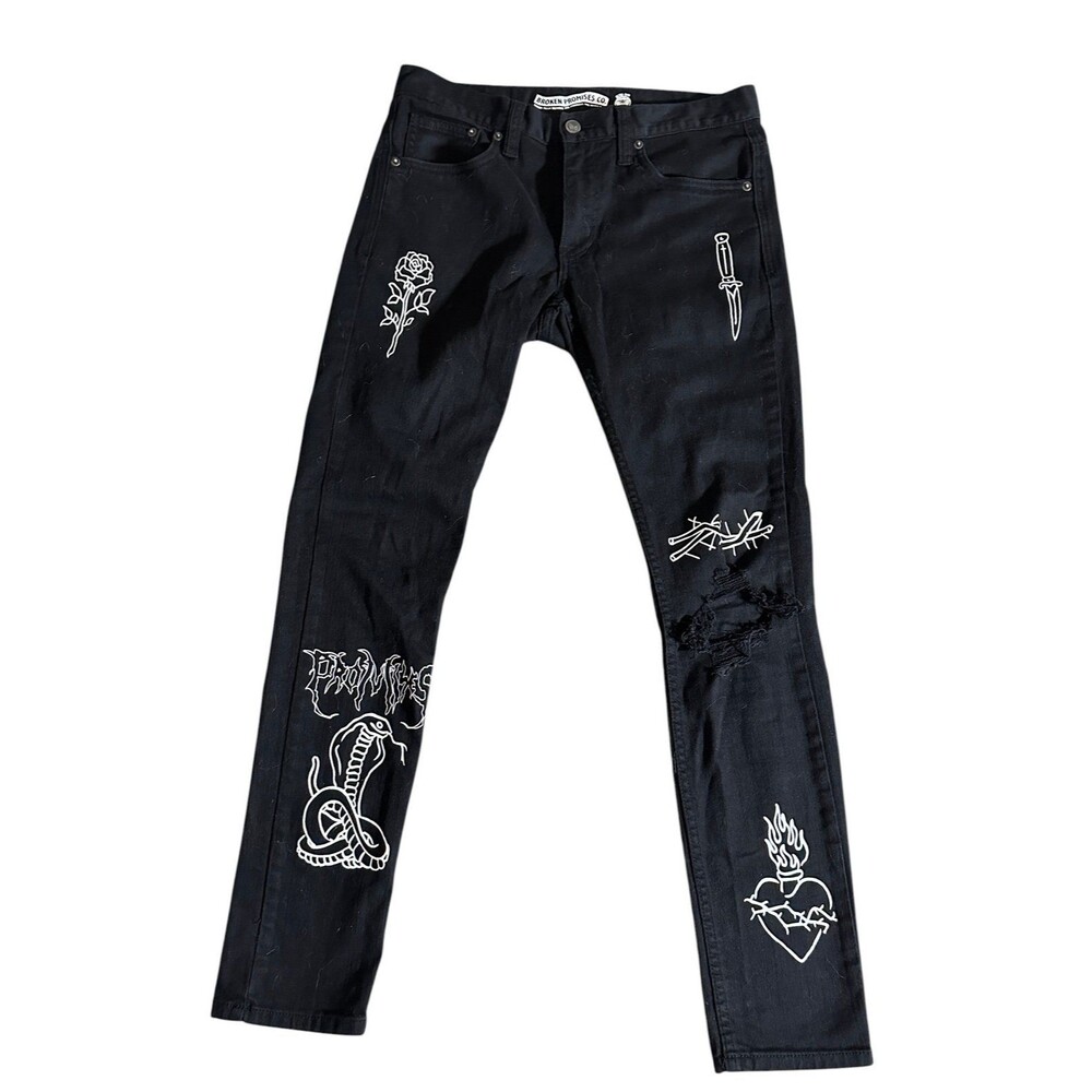 Broken Promises Ultra Slim Jeans Men's Black Emo Goth Thrashed Denim Size 30